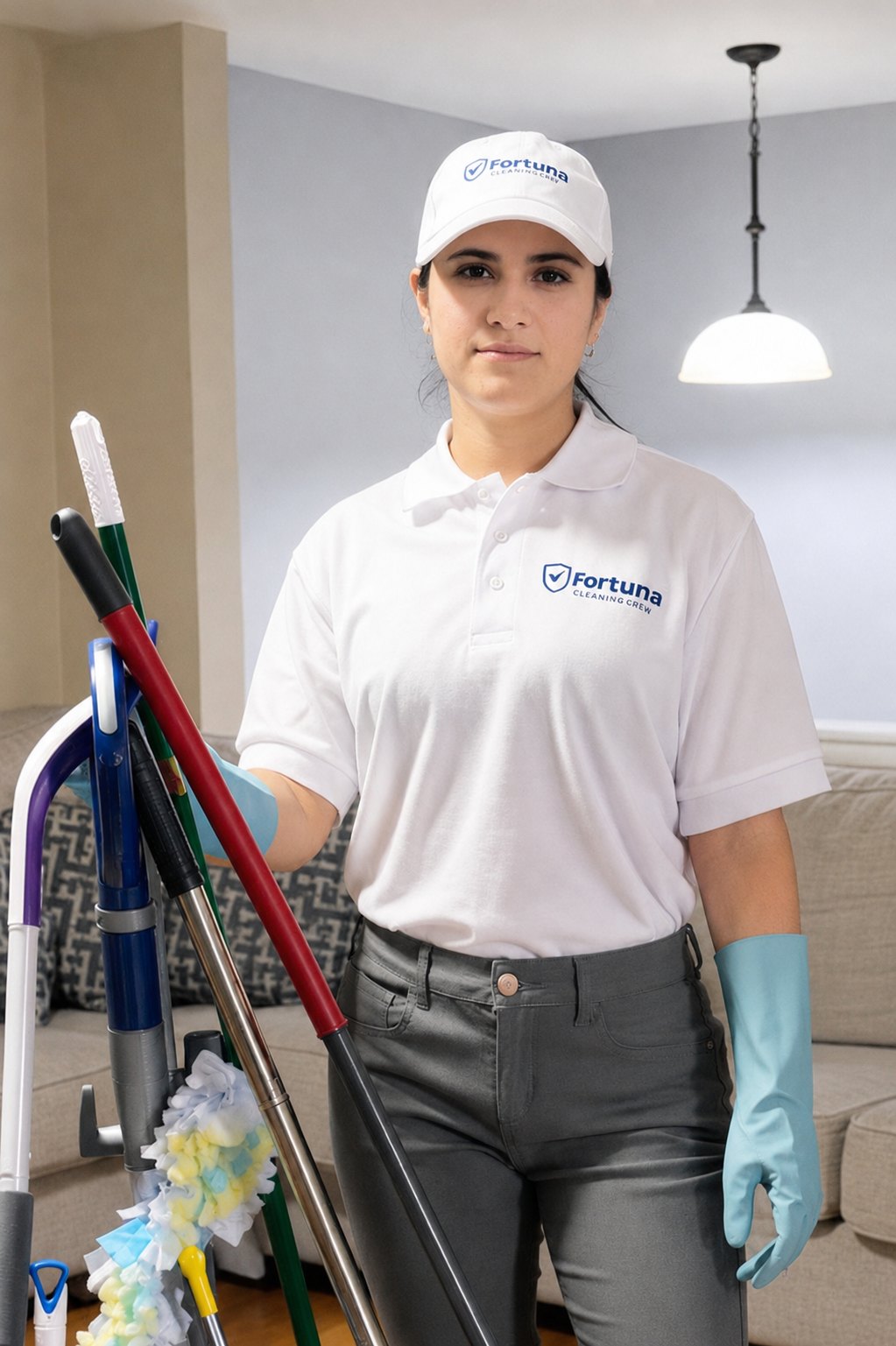 Alejandra in a Fortuna Cleaning Services uniform with cleaning equipment